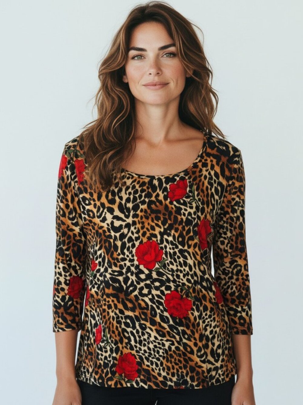 Kathy Ireland Leopard Cheetah Rose Floral Blouse L 3/4 Sleeve Animal Print